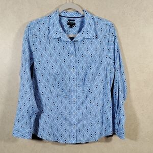 04128 Talbots light blue and navy print L/S cotton blouse 14P